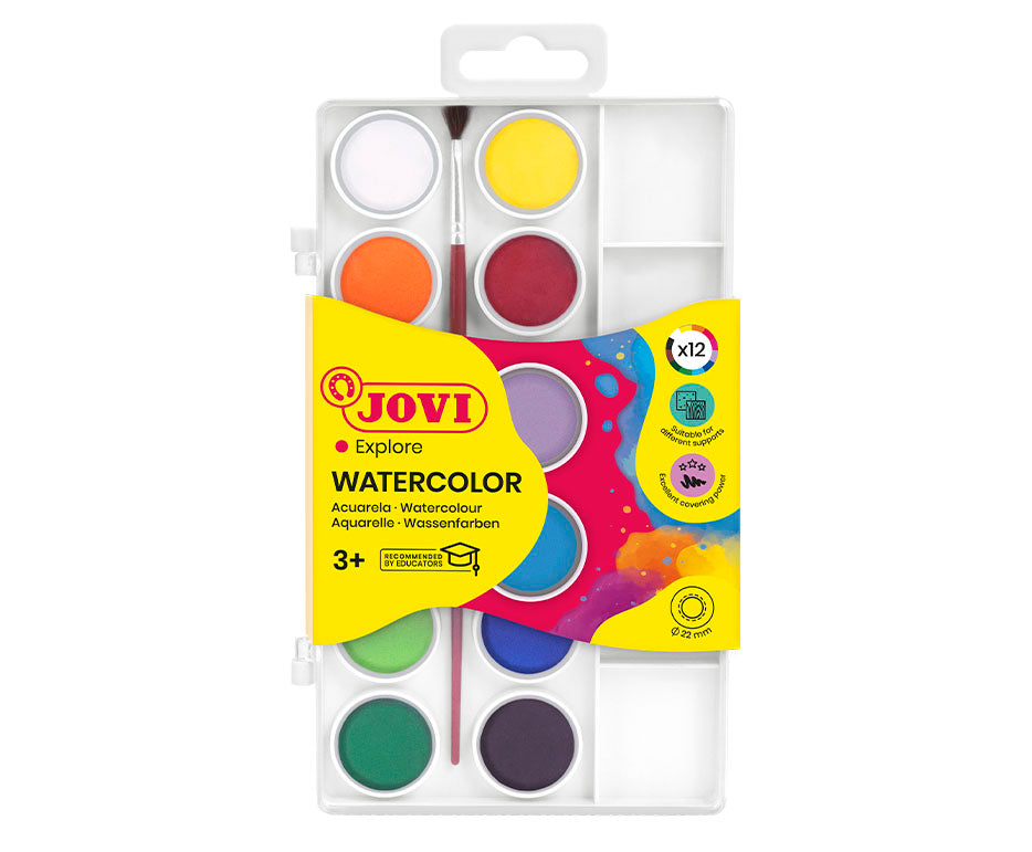 JOVI waterverf in napjes Ø 22 mm, 12 kleuren met penseel