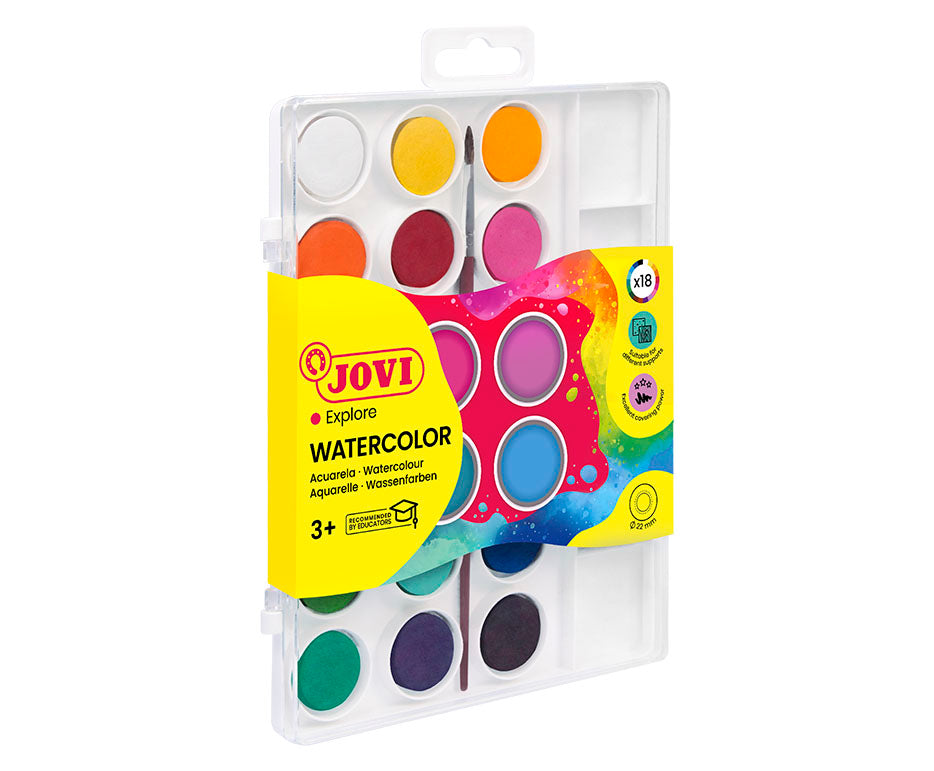 JOVI waterverf in napjes Ø 22 mm, 18 kleuren met penseel