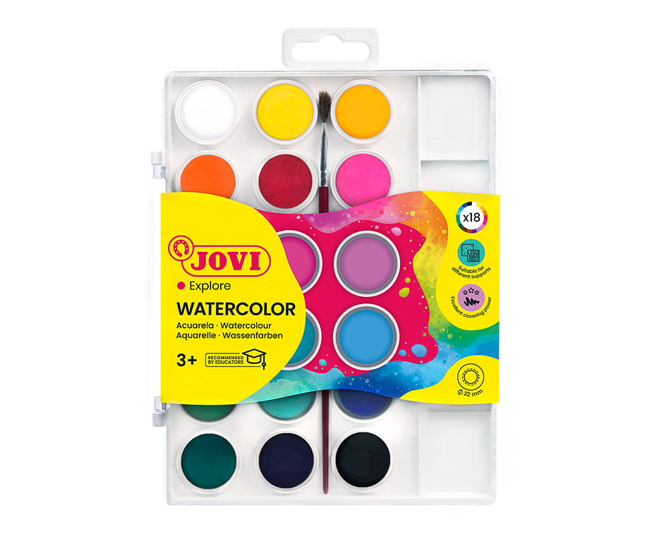 JOVI waterverf in napjes Ø 22 mm, 18 kleuren met penseel