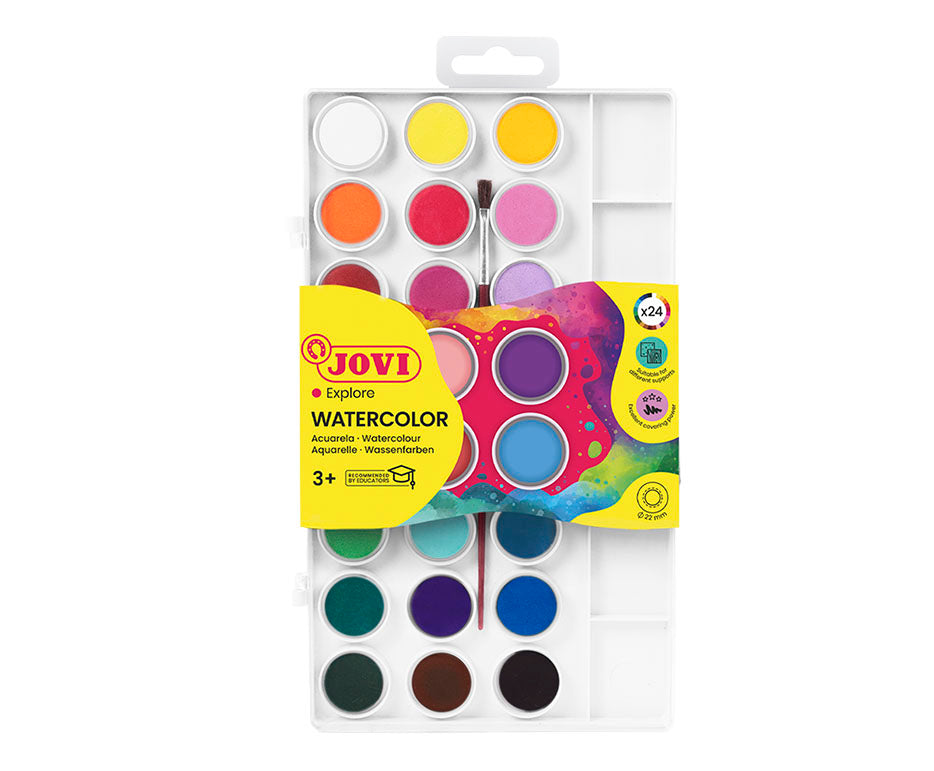 JOVI waterverf in napjes Ø 22 mm, 24 kleuren met penseel