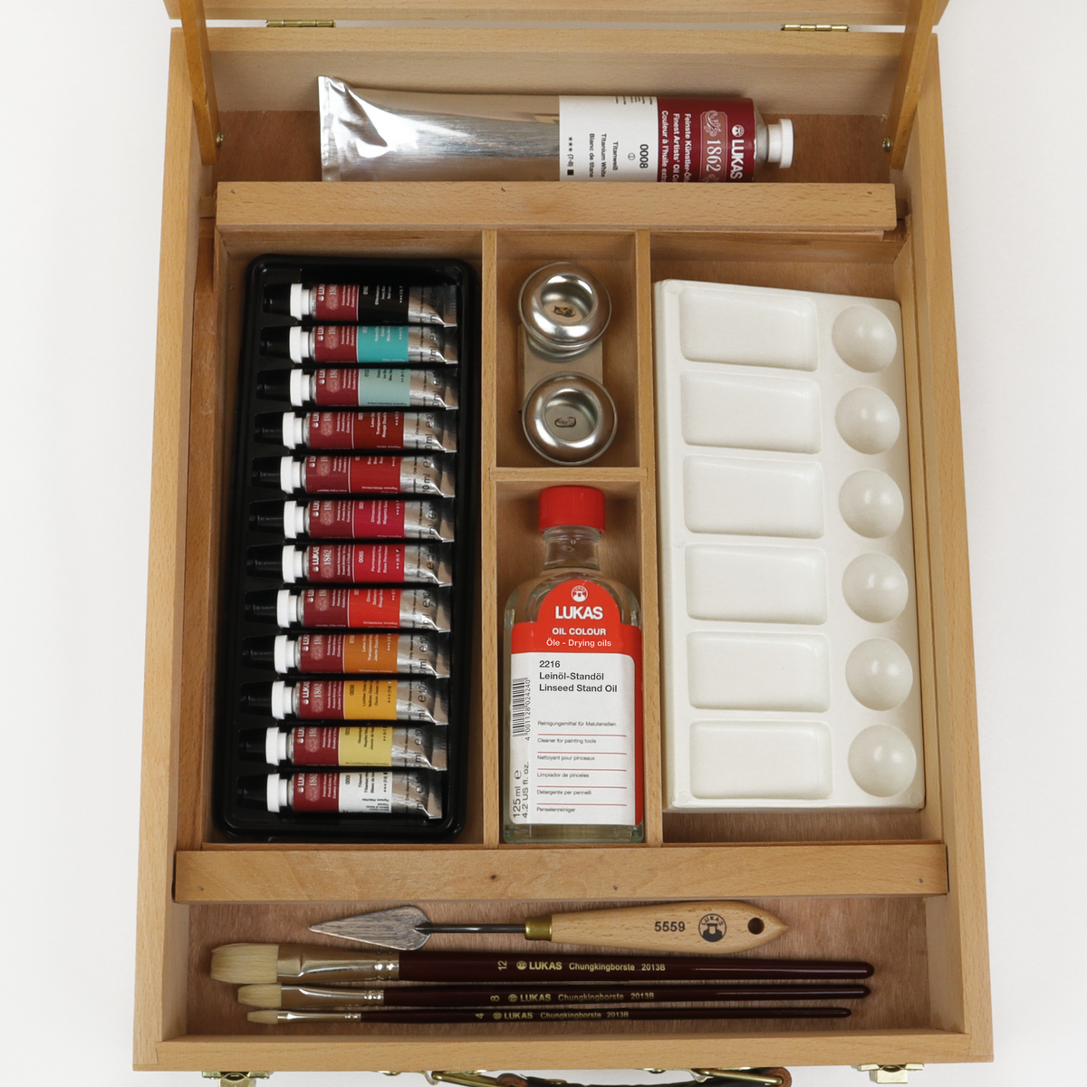 LUKAS 1862 olieverfset in houten kist, 12 × 10 ml met accessoires