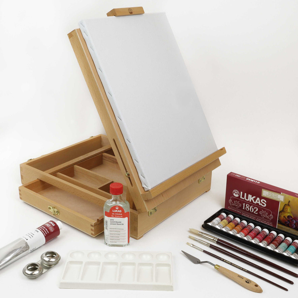 LUKAS 1862 olieverfset in houten kist, 12 × 10 ml met accessoires