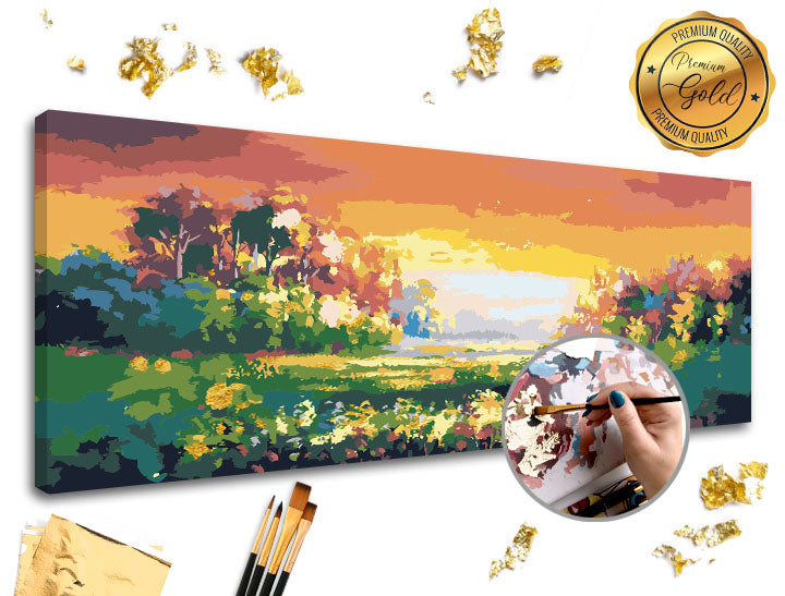 Schilderen op nummer Premium Gold – Kleurrijk landschap, 80 × 40 cm – afbeelding 2