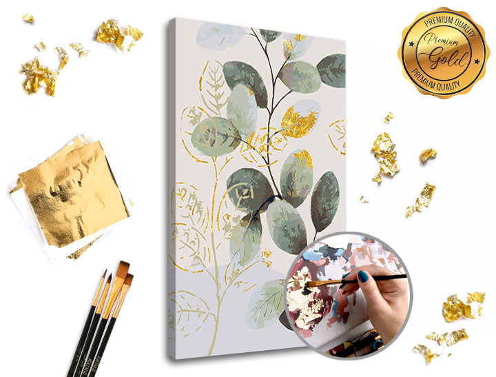 Schilderen op nummer Premium Gold – Groengouden bladeren, 40 × 60 cm – afbeelding 2
