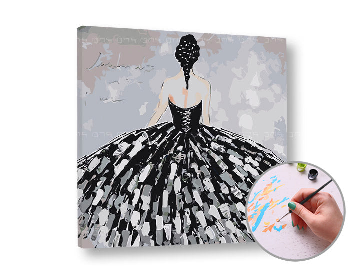 Schilderen op nummer Vrouw in zwarte jurk, 50 × 50 cm – afbeelding 2