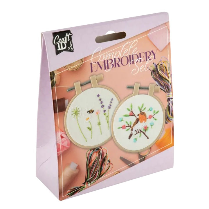Nassau mini-borduurset vogel en wilde bloemen, 2 stuks Ø 8,5 cm