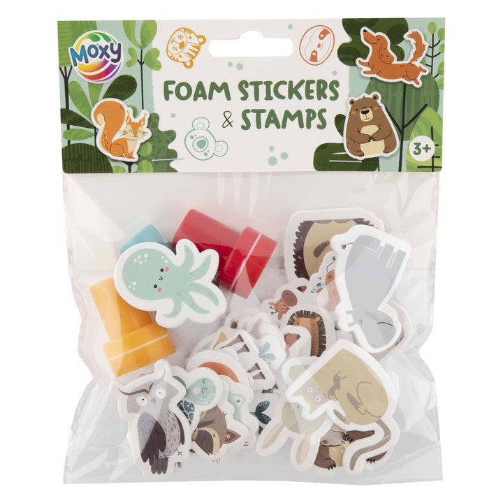 Moxy dierenset: 3 zelfinktende stempels en foamstickers