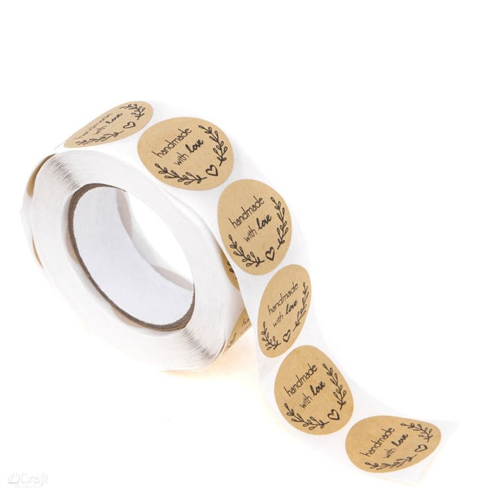 DP Craft stickers „Handmade with love” bruin, 500 stuks op rol