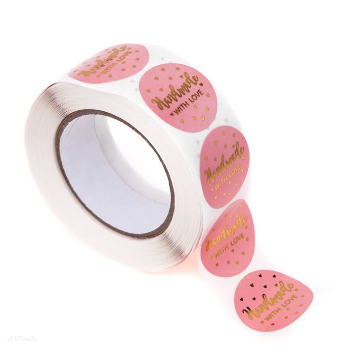 DP Craft stickers „Handmade with love” roze, 500 stuks op rol