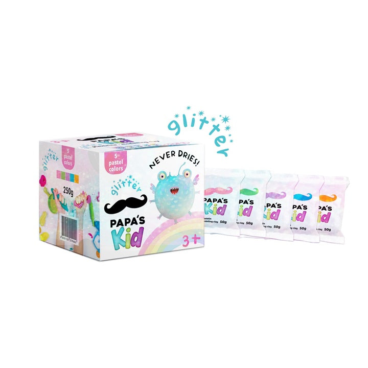Papa's Kid plasticine pastel en glitter, set 5 × 50 g
