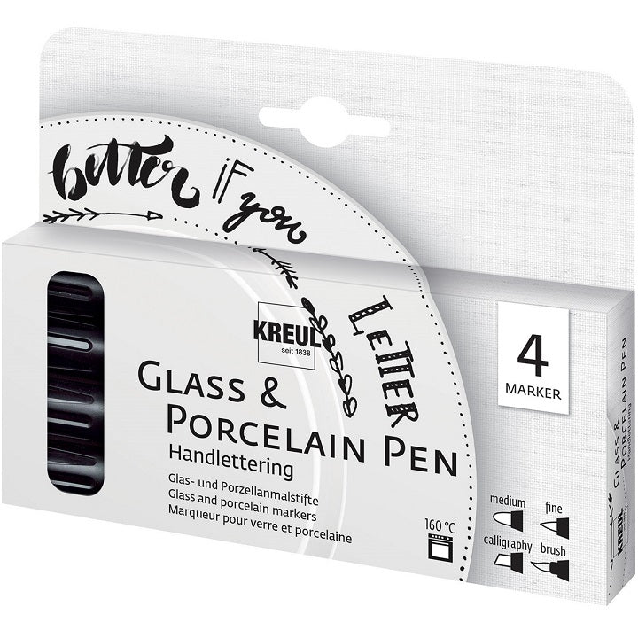 KREUL Handlettering glas- en porseleinstiften, set van 4 stuks, zwart