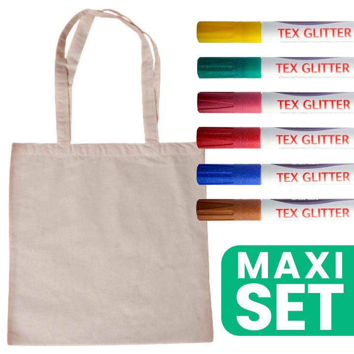 Set katoenen tas met 6 DARWI glittertextielstiften
