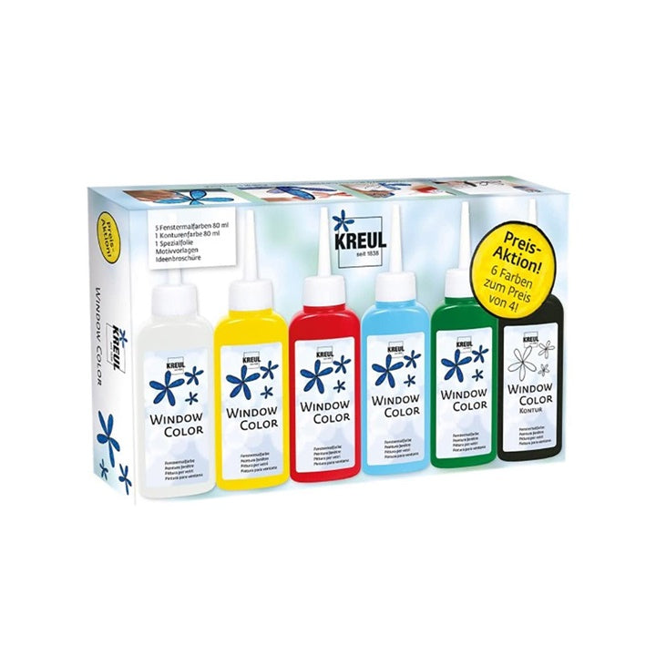 Raamverfset KREUL met 5 kleuren van 80 ml en zwarte contourverf