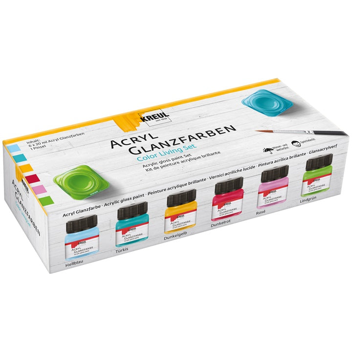 KREUL Color Living glanzende acrylverfset 6 × 20 ml + penseel