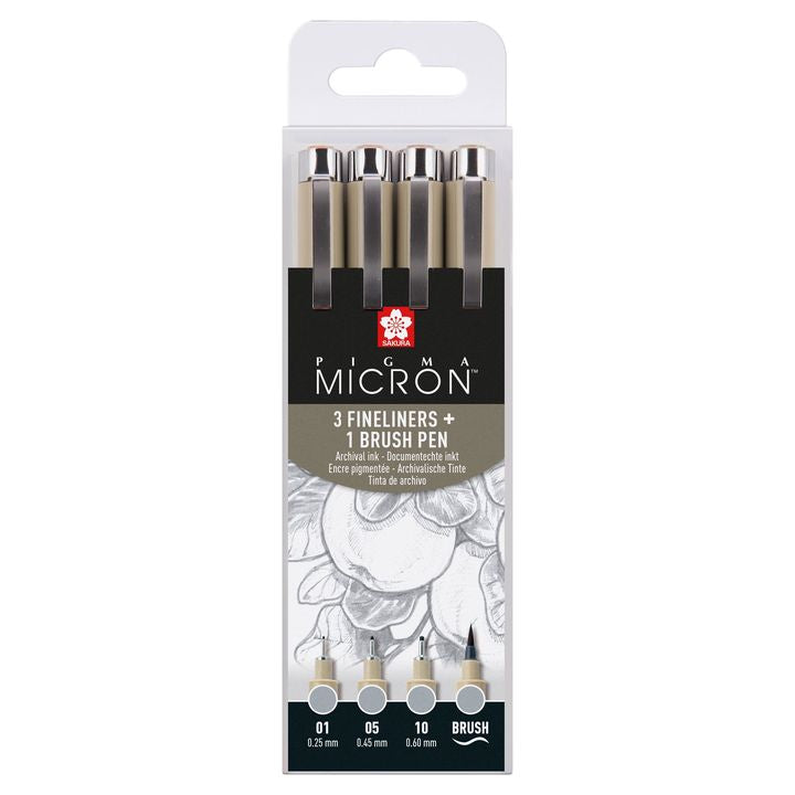 Sakura Pigma Micron set 3 fineliners en brushpen, koel lichtgrijs