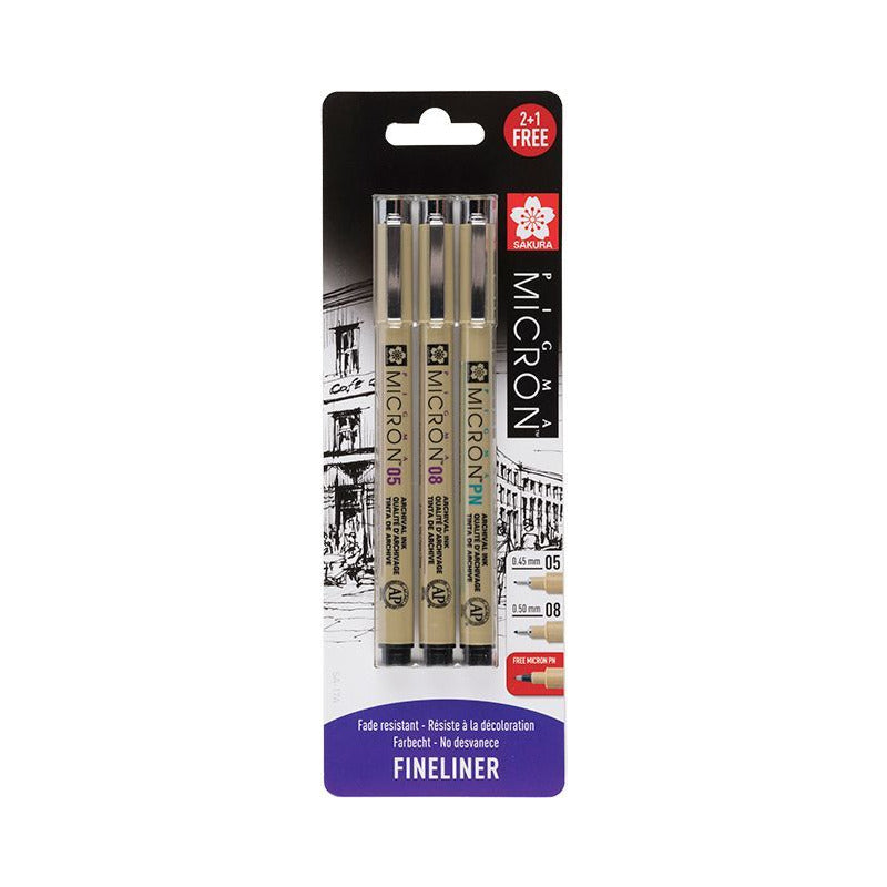 Sakura Pigma Micron fineliners, set van 3 zwart (05, 08, PN)