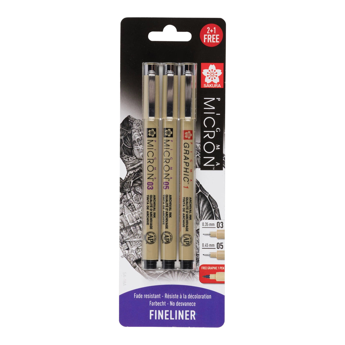 Sakura Pigma Micron en Graphic fineliners, set van 3 zwart