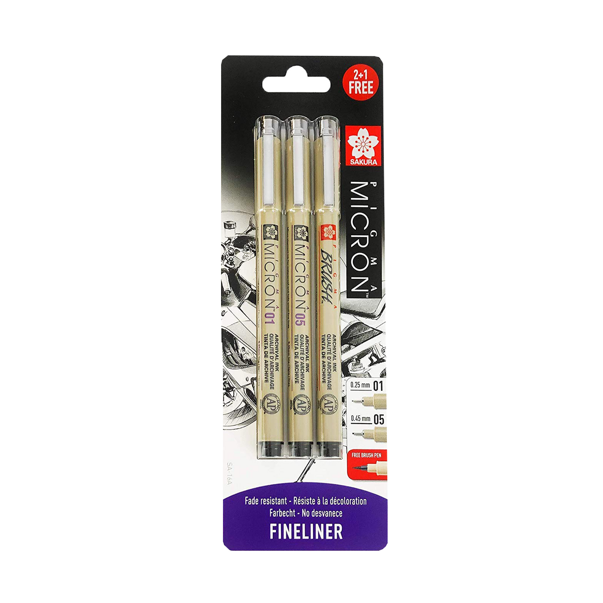 Sakura Pigma Micron fineliners zwart, set van 3 met brushpen