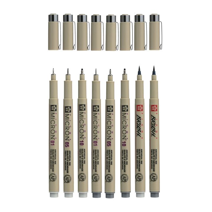 Sakura Pigma Micron grijstinten, 6 fineliners en 2 brushpens – afbeelding 2