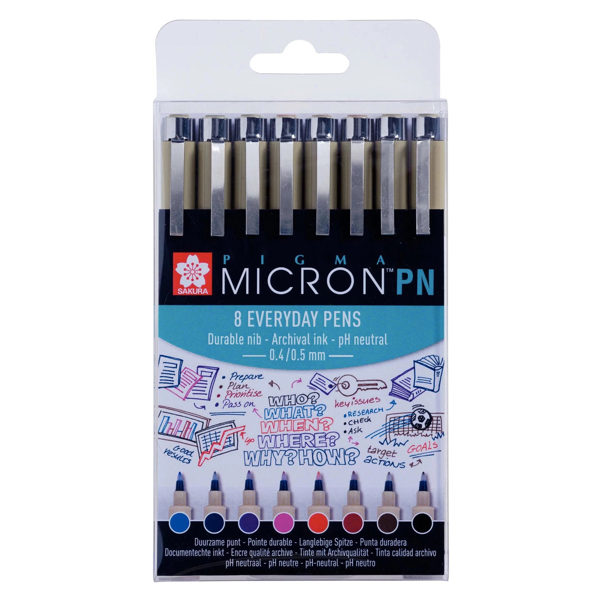 Sakura Pigma Micron PN fineliners, set 8 kleuren – 0,4–0,5 mm