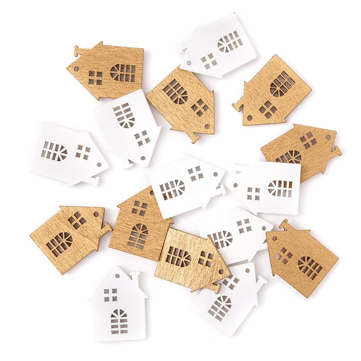 DP Craft zelfklevende houten huisjes wit en goud – 16 stuks – afbeelding 2