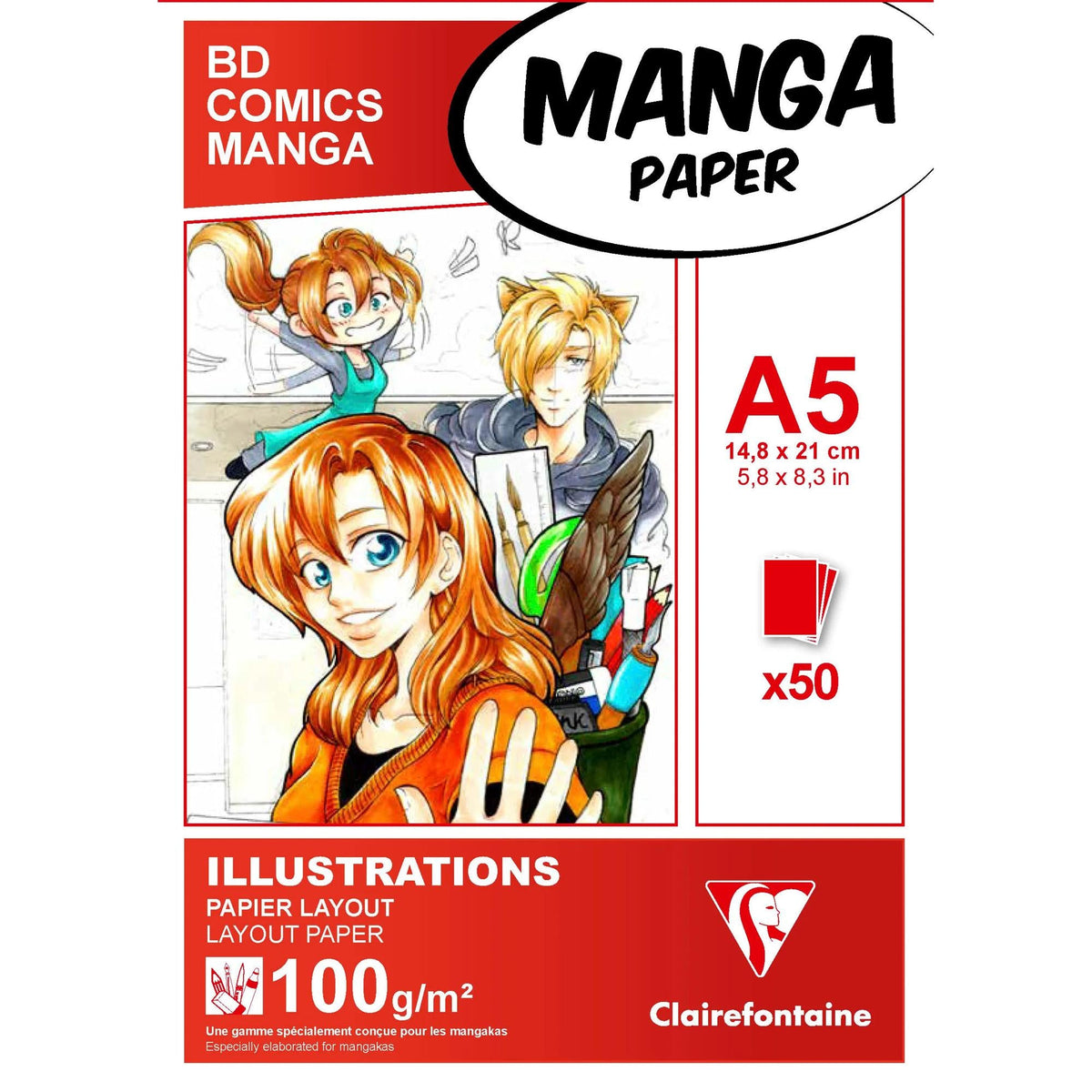 Schetsblok Clairefontaine Manga Layout 100 g/m², 50 vel, A5–A3