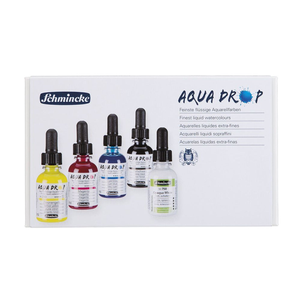Schmincke AQUA DROP vloeibare aquarelverf, set 5 × 30 ml, primaire kleuren + wit