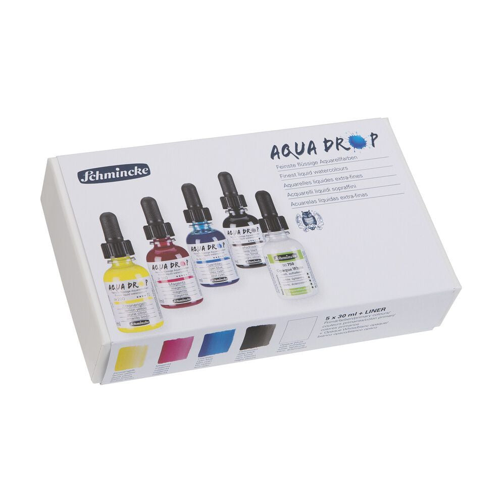 Schmincke AQUA DROP vloeibare aquarelverf, set 5 × 30 ml, primaire kleuren + wit