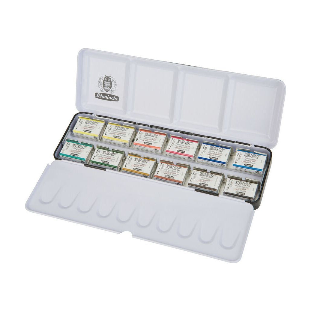 Schmincke Horadam aquarelverf, 12 hele napjes in metalen doos