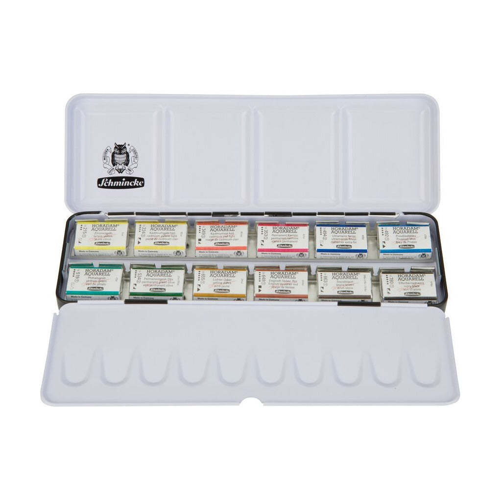 Schmincke Horadam aquarelverf, 12 hele napjes in metalen doos