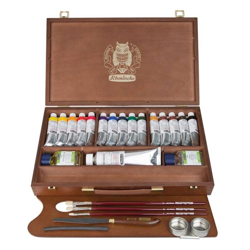 Schmincke Mussini olieverf houten kist 15 × 35 ml + wit 150 ml