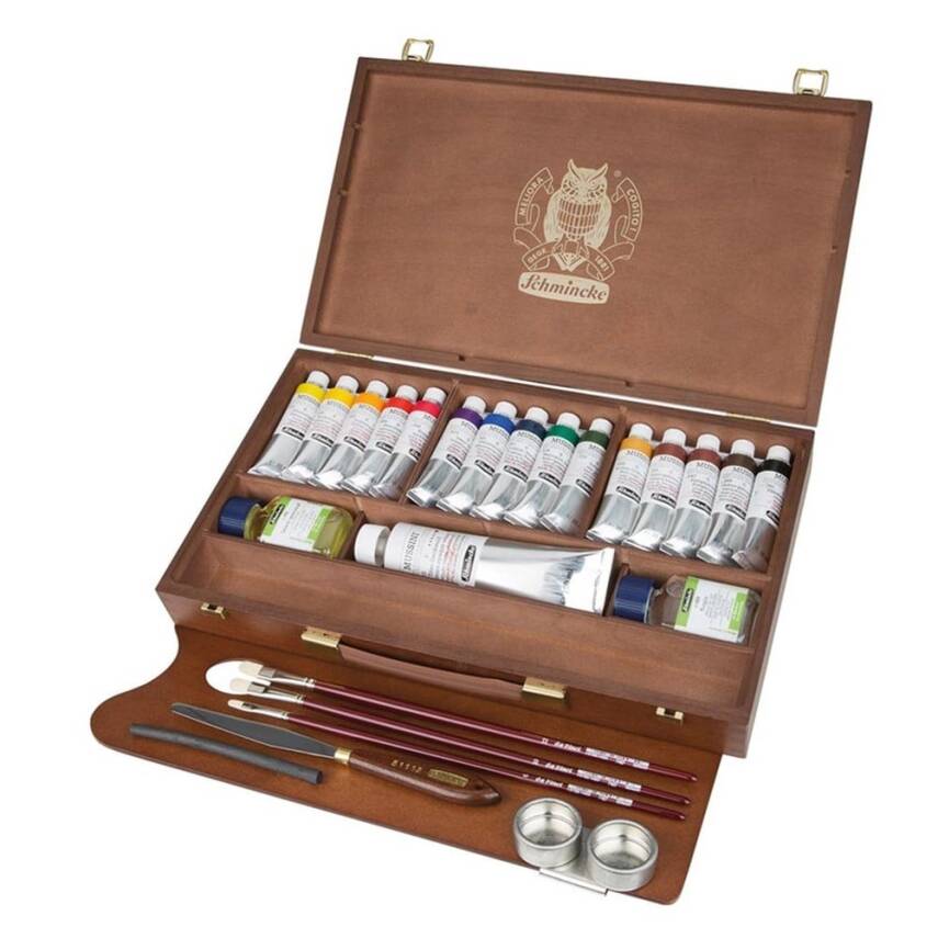 Schmincke Mussini olieverf houten kist 15 × 35 ml + wit 150 ml