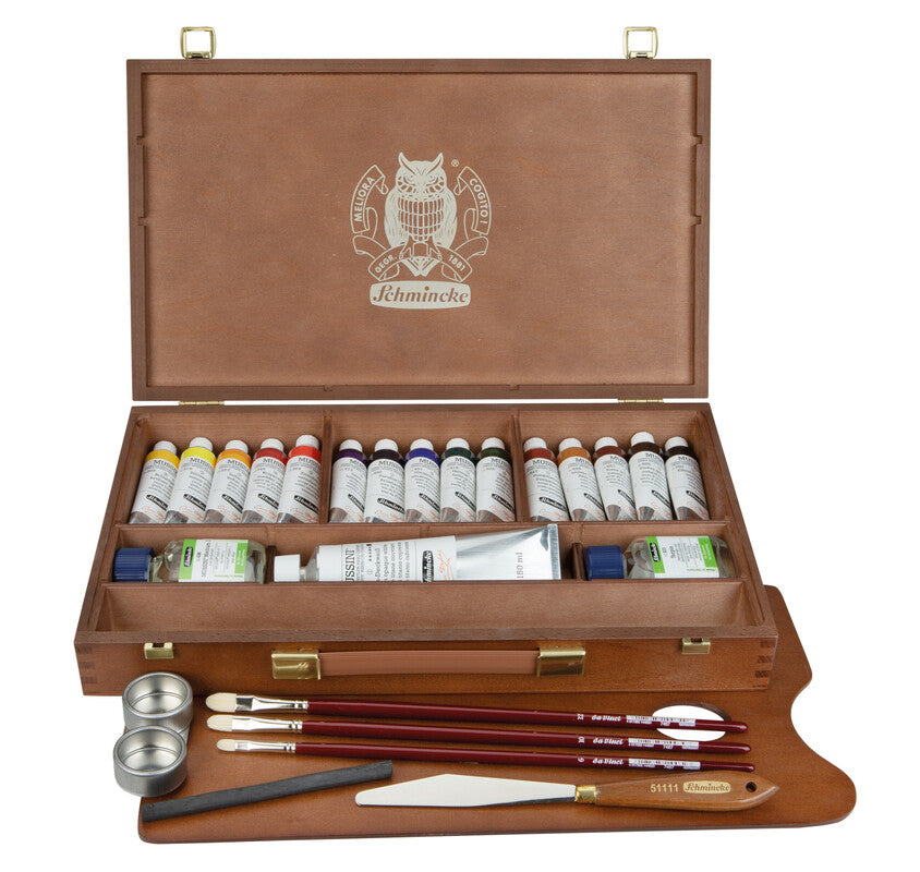 Schmincke Mussini olieverf houten kist 15 × 35 ml + wit 150 ml