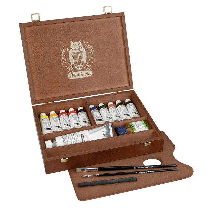 Schmincke MUSSINI olieverf in houten kist, 10 × 35 ml + wit 150 ml