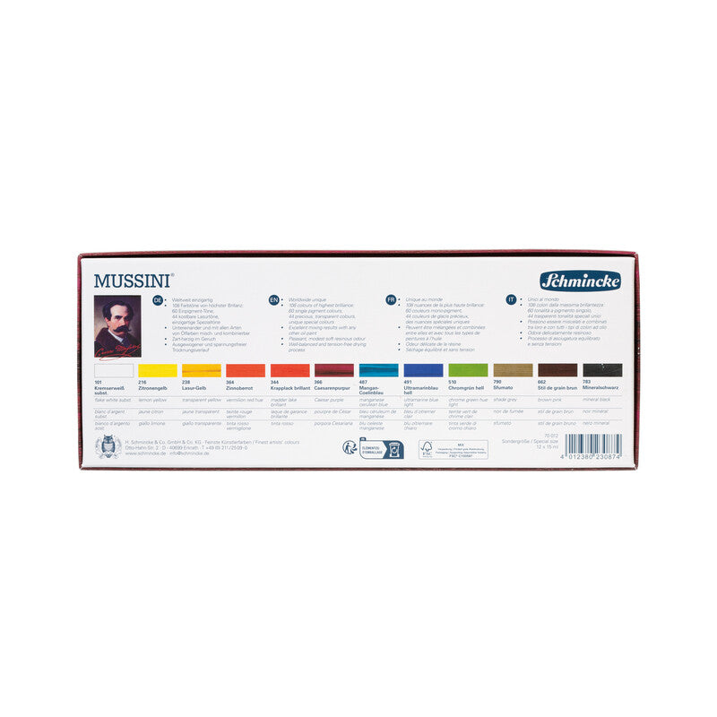 Schmincke Mussini olieverf set 12 × 15 ml in kartonnen verpakking