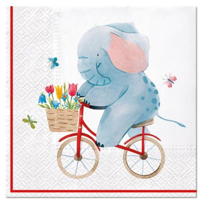 Nassau decoupageservet Elephant on Bike, 33 × 33 cm