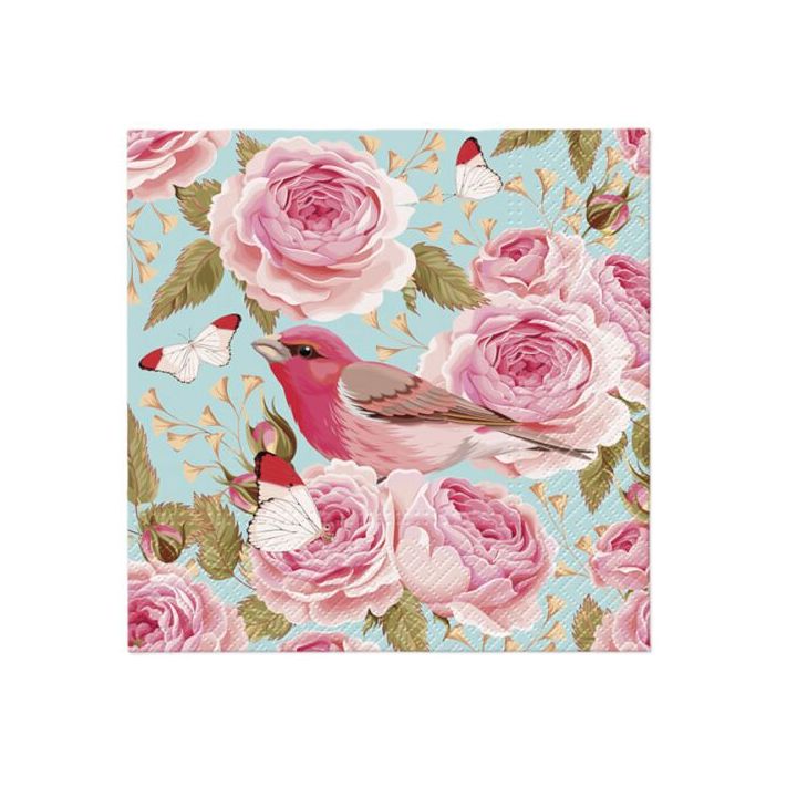 Nassau decoupageservet English Roses Bird, 33 × 33 cm