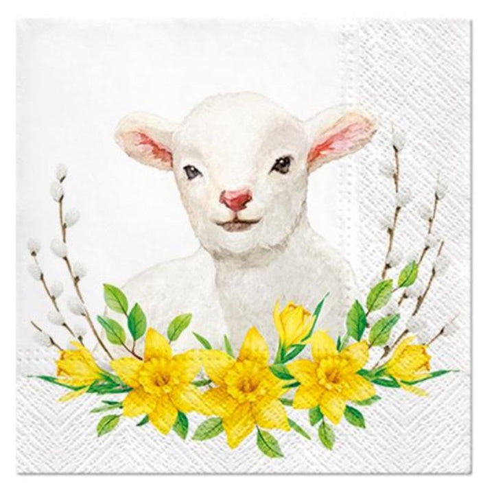 Decoupageservet Lamb with Wreath – 33 × 33 cm
