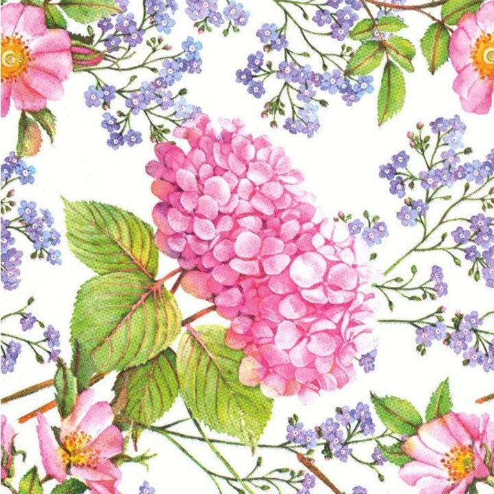 Decoupageservet Pink Hydrangea and Forget-Me-Not Flowers