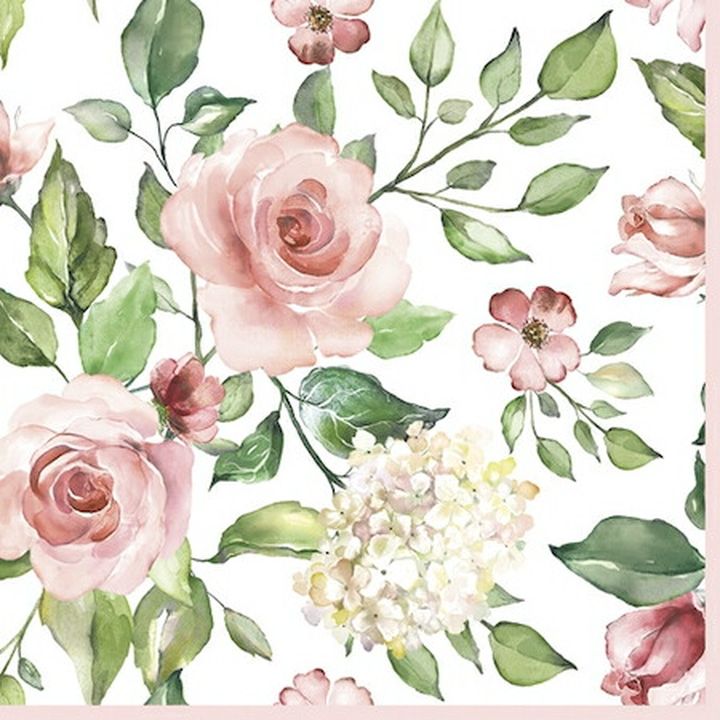 Decoupageservet Watercolour Roses with Hydrangea 33 × 33 cm