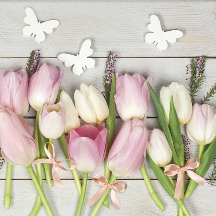 Nassau decoupageservet White & Pink Tulips on Wood 33 × 33 cm