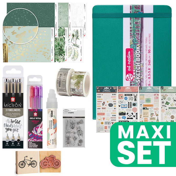 Botanische set voor art journaling met schetsblok A5 en pennen