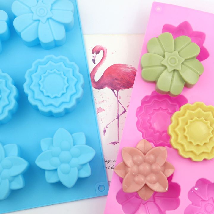 Siliconen gietvorm bloemen, 6 vormen, roze