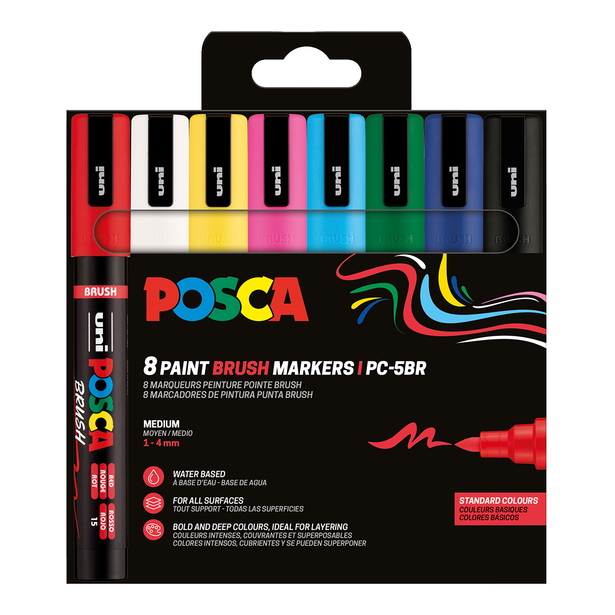 Posca PC-5BR verfstiftenset, 8 stuks, basiskleuren, 1–4 mm