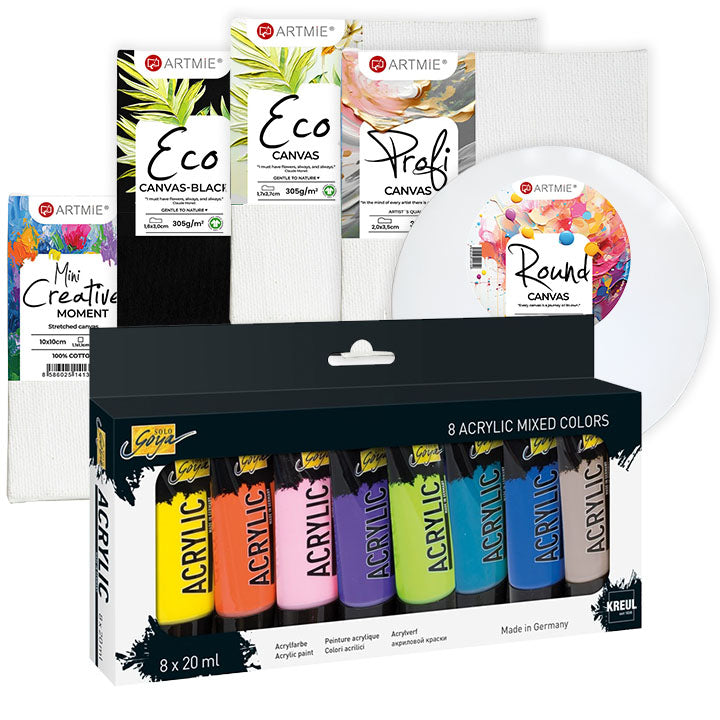 Set mini-schildersdoeken met Kreul Solo Goya acrylverf, 8 × 20 ml