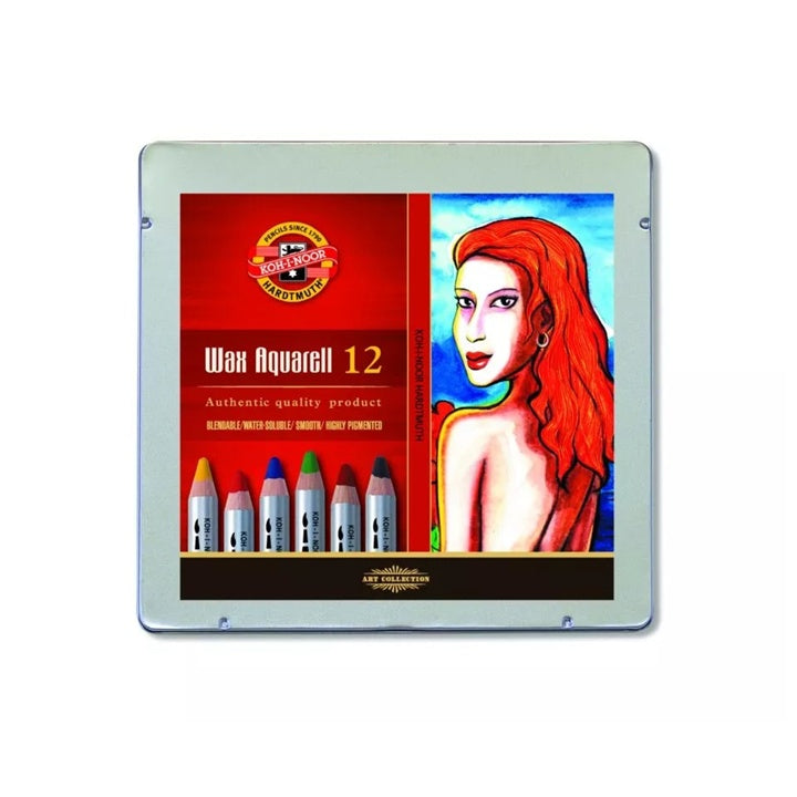 Koh-i-Noor aquarelpotloden met waskern, 12 kleuren in blik