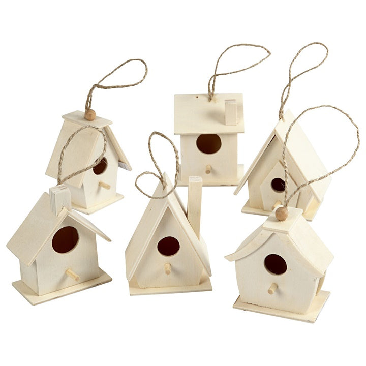 Vogelhuisjes aan touw Creativ Company, populierenhout, 6 stuks