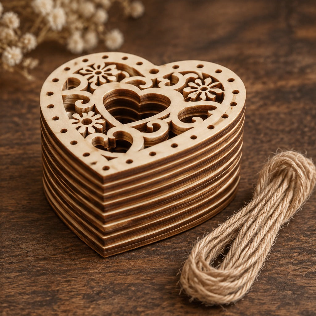 Wooden Filigree Heart Cut-Outs 5 x 5 cm - Set of 5 pcs