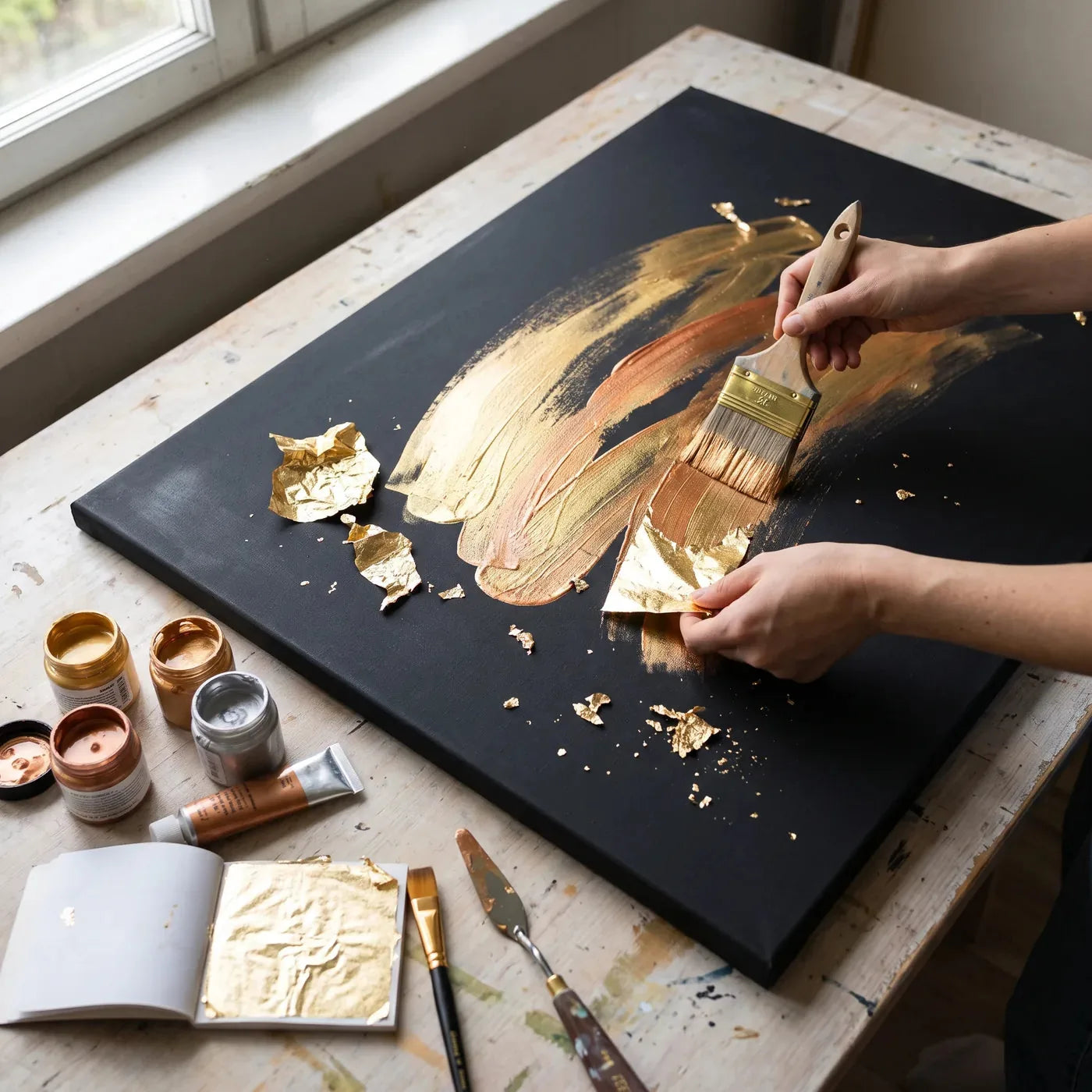 Painting with metallic acrylics and applying gold leaf to a black PROFI ARTMIE canvas