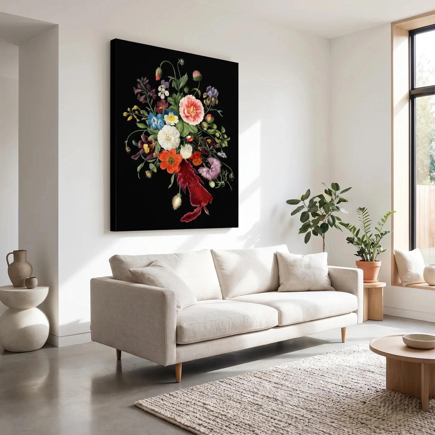 Large-format painting on a black PROFI canvas above a living room sofa